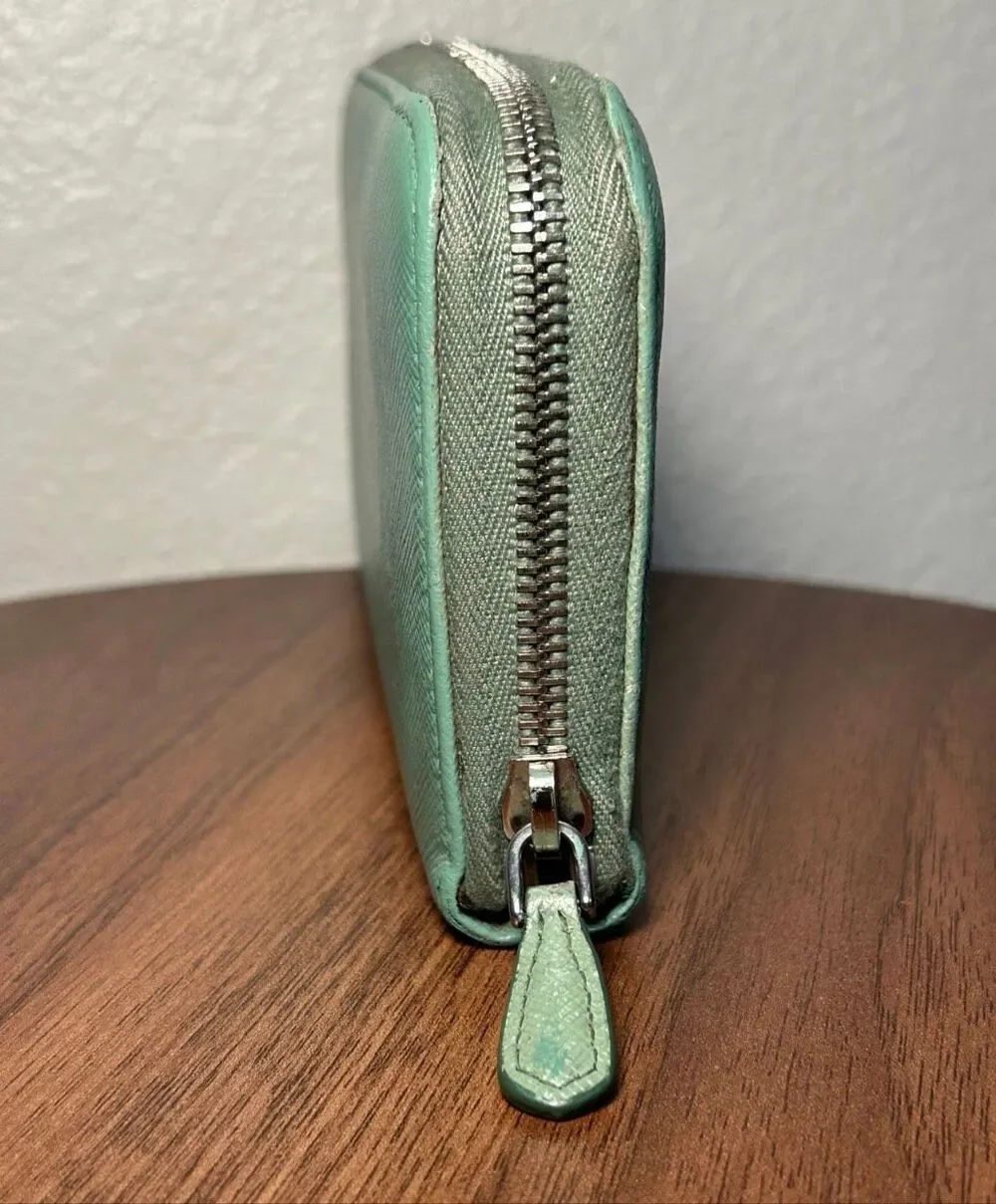 Prada Zip Around Saffiano Leather Long Wallet Green Travel Silver Logo Accent